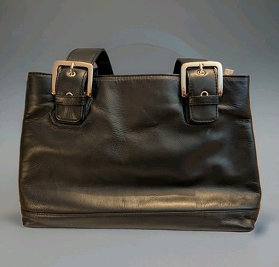 Visconti Vintage Italian Ebony Black Leather Shoulder Bag Silver Buckles 90s