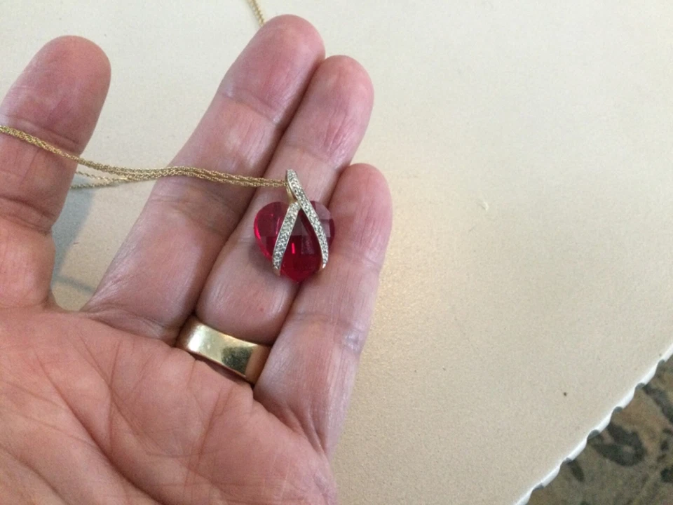 Vintage Lab Ruby Heart 10k Gold Pendant & 14k Gold Necklace w/Zircon Ribbon - Image 3 of 4