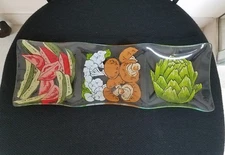 Mid Century Signed ELAINE  Large Glass Serving Dish Tray PAINTED VEGETABLES 