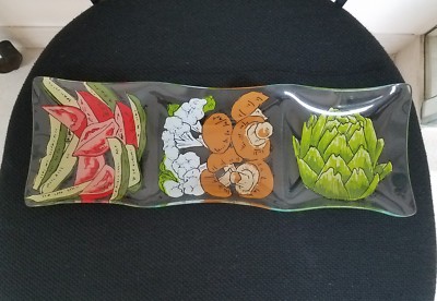 Mid Century Signed ELAINE  Large Glass Serving Dish Tray PAINTED VEGETABLES 