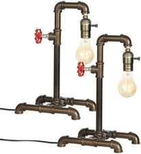Set of 2 Steampunk Industrial Vintage Rust Iron Water Pipe Desk Table Lamp Light