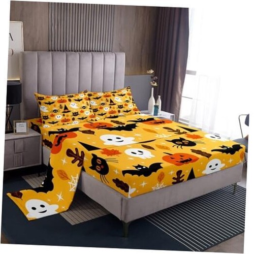 Halloween Bed Sheet Set Cartoon Pumpkin Fitted Sheet Lantern Full Multi