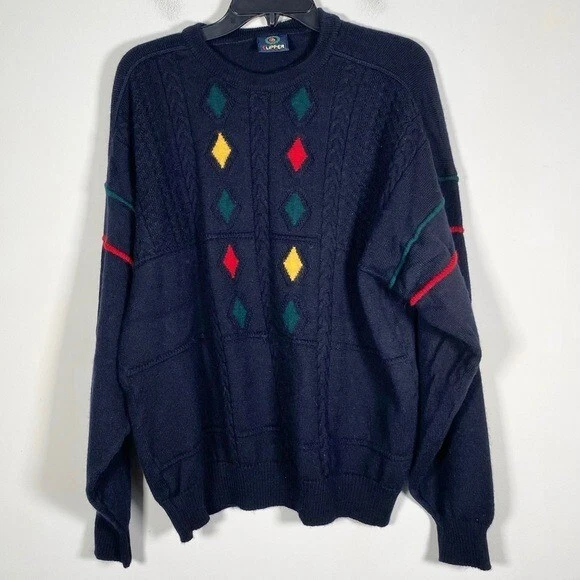 Clipper Men’s Size Extra Large|54 Mixed Knit Diamond Wool Sweater Vintage