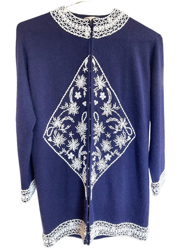Vtg Elsie Tu Hong Kong 50s 60s Navy Blue Wool Beaded Cardigan Sweater Sz 38