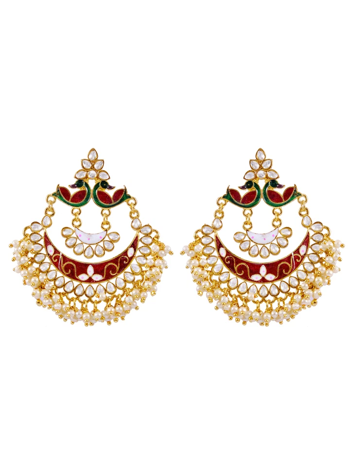 Pendientes Kundan indios pavo real enchapados en oro perla Chandbali mujeres joyería de boda Foto 3 de 3