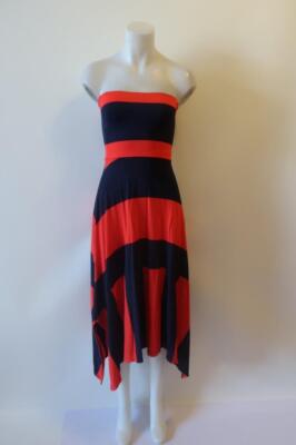 Womens Design & Crafted Red Navy Striped Asymmetric Midi Bandeau Dress XS *
