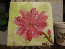 Original, Hand Painted, Pink Flower, Art Acrylic on Canvas 4”x4” w/Stand 