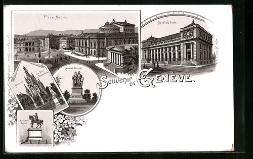 Lithographie Genève, Hotel de Poste, Place Neuve, Monument Dufour - Bild 1 von 2