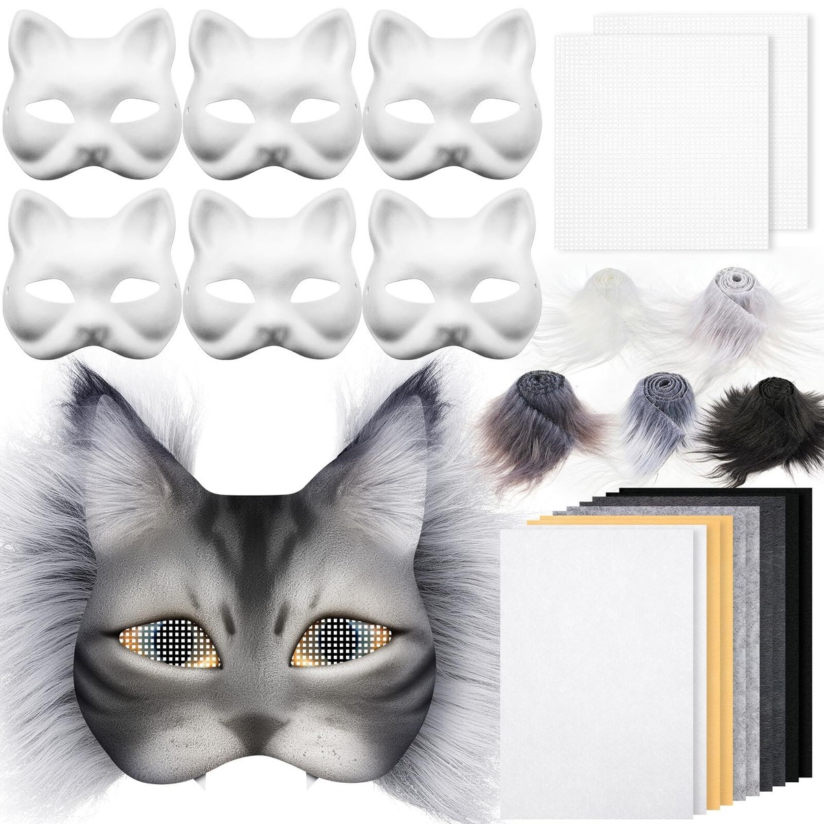 19 Pcs DIY Therian Mask Kit Blank Cat Mask with Felt Fabric Sheet