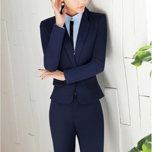 Elegante Tailleur completo donna blu scuro giacca manica lunga pantaloni s  40 | eBay
