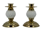 White Milk Glass Hobnail Brass Candle Candlestick Holders Vintage Pair Japan