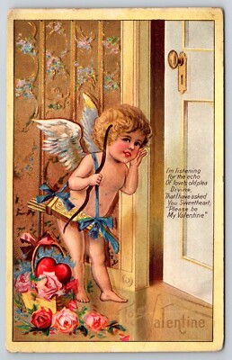 Cupid Listening Outside of Door Love Romance Valentine Fantasy Postcard ValD