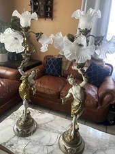 L. & F. Moreau Collection Francaise Spelter Art Nouveau Newel Post Figural Lamps