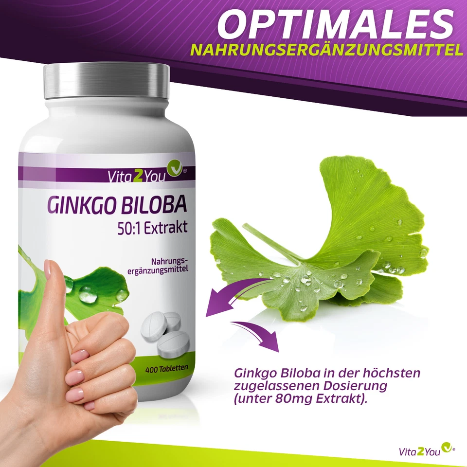 Vita2You Ginkgo Biloba - 400 Tabletten - Hochdosiert - Ginkgo Extrakt - 3950mg - Bild 3 von 4