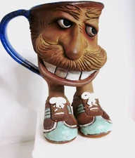 A&A Art Pottery Ugly Face 6” Mug With Adidas Shoes 1970's Anita & Alan Yarmark