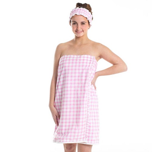 Pink Gingham Spa Wrap and Headband Set | Bath Body Towel Shower - Picture 6 of 6