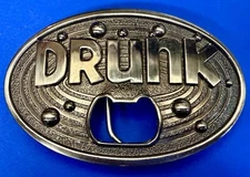 DRUNK Statement Funny Novelty Silver Tone KALAN Belt Buckle with Bottle Opener