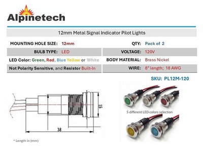 Alpinetech 2PCS PL12M  12mm 120V AC LED Metal Indicator Pilot Dash Light