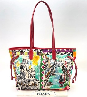 Prada Red Nylon Saffiano Leather Venice Landscape Print Tote Bag W/D NS060056