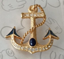 Anchor Rhinestone Crystal Gold Tone Pin Brooch Vintage Navy Blue Enamel
