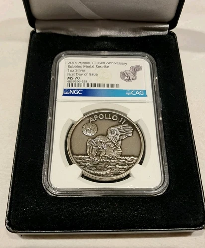 2019 Apollo Silver Restrike Robbins Medal NGC PF-70 FDOI Space Material