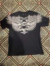 Affliction Grunge Skulls Wings Black T-Shirt Size 2XL Mens Double Sided