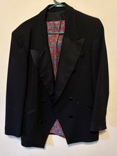 Black Double-Breasted Tuxedo Jacket with Satin Lapels and Paisley Lining size 8