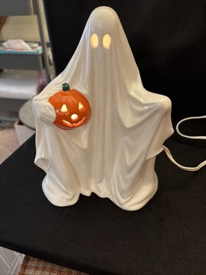 VTG 1970's Byron Mold Ceramic Ghost Holding Pumpkin Halloween Light-up Decor 9½''