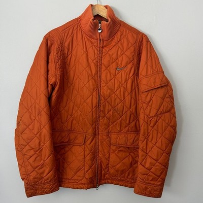 Nike Quilted Puffer Jacket Mens Large Orange Full Zip Mock Neck Swoosh Vintage