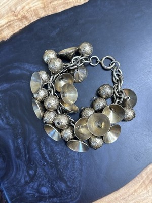 Vintage Chunky Charm Bracelet Jingle Bell Ball Beaded Charms Gold Tone 8 Inch
