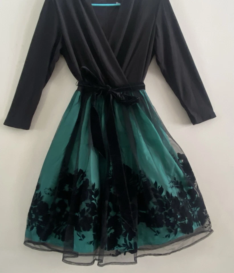 Be By Chetta B 绿色黑色花卉天鹅绒连衣裙薄纱裙派对鸡尾酒尺寸 6 — 第 2/4 张图片