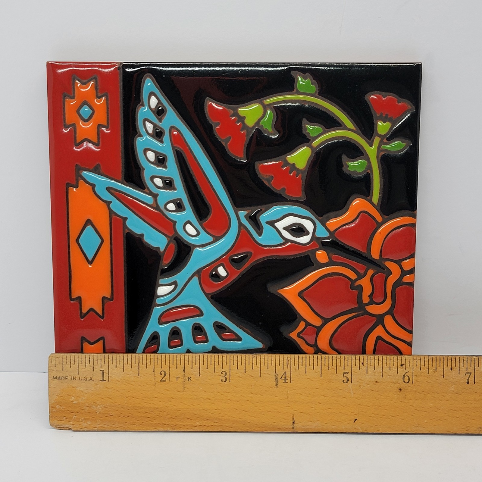 Earthtones Tile Trivet Hand Glazed Kiln Fired Southwest Flower Hummingbird 6x6