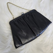 Vintage Black Leather Clutch Handbag Gold hardware