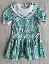 Polly Flinders Girls' Teal Floral Dress Sz 4 Collared Buttons Striped Waistband