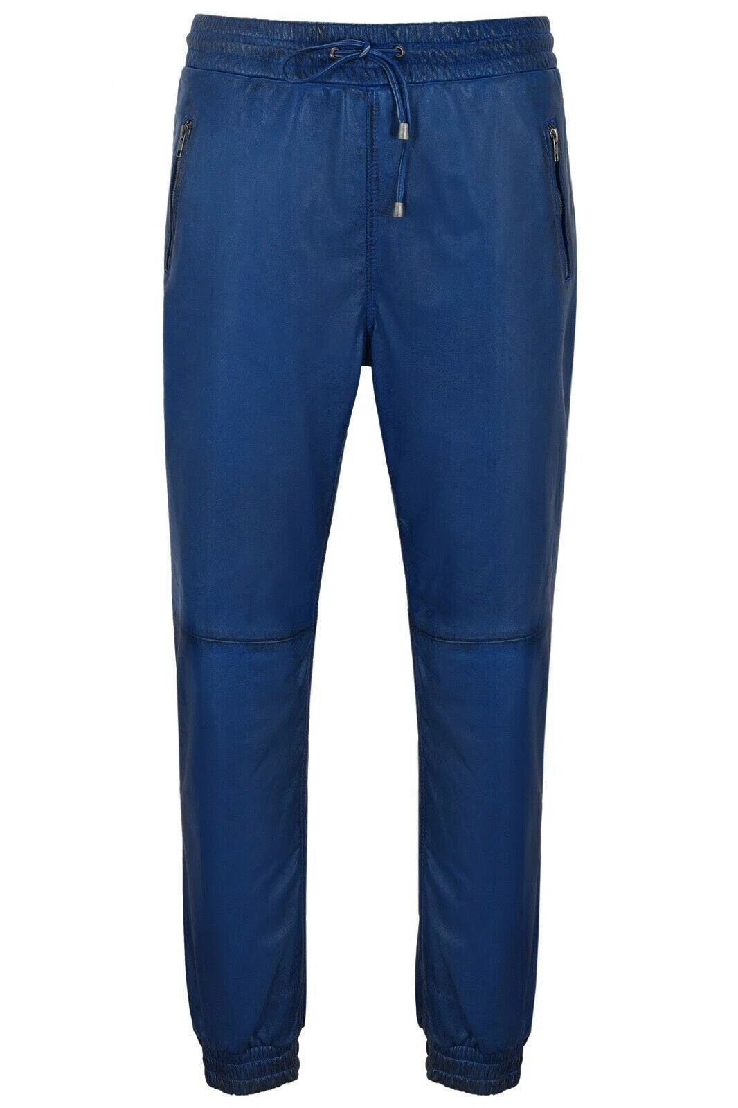 Men's Real Leather Trousers Blue Sweat Pant Zip Jogging Stylish Track Pant