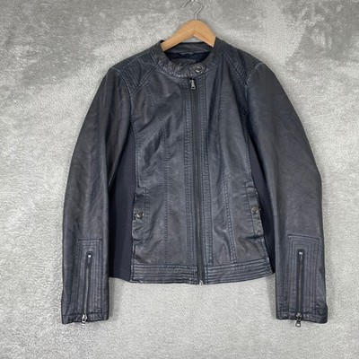 Sebby Collection Moto Jacket Womens Medium Blue Faux Leather Ribbed Biker Y2K