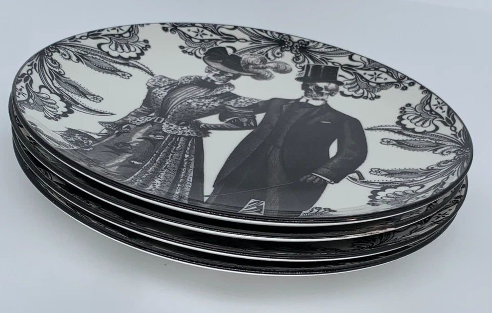 Set~(4) Halloween Dinner Plates Zrike Brands Skull Couple  10.5" Gothic  Décor - Image 2 of 4