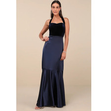NWT Lulus Mesmerizing Impressions Navy Blue Mixed Media Halter Maxi Dress Sz XS