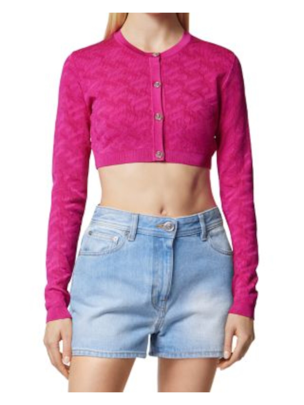 VERSACE Womens Pink Long Sleeve Round Neck Crop Top Cardigan 48 thumbnail 3