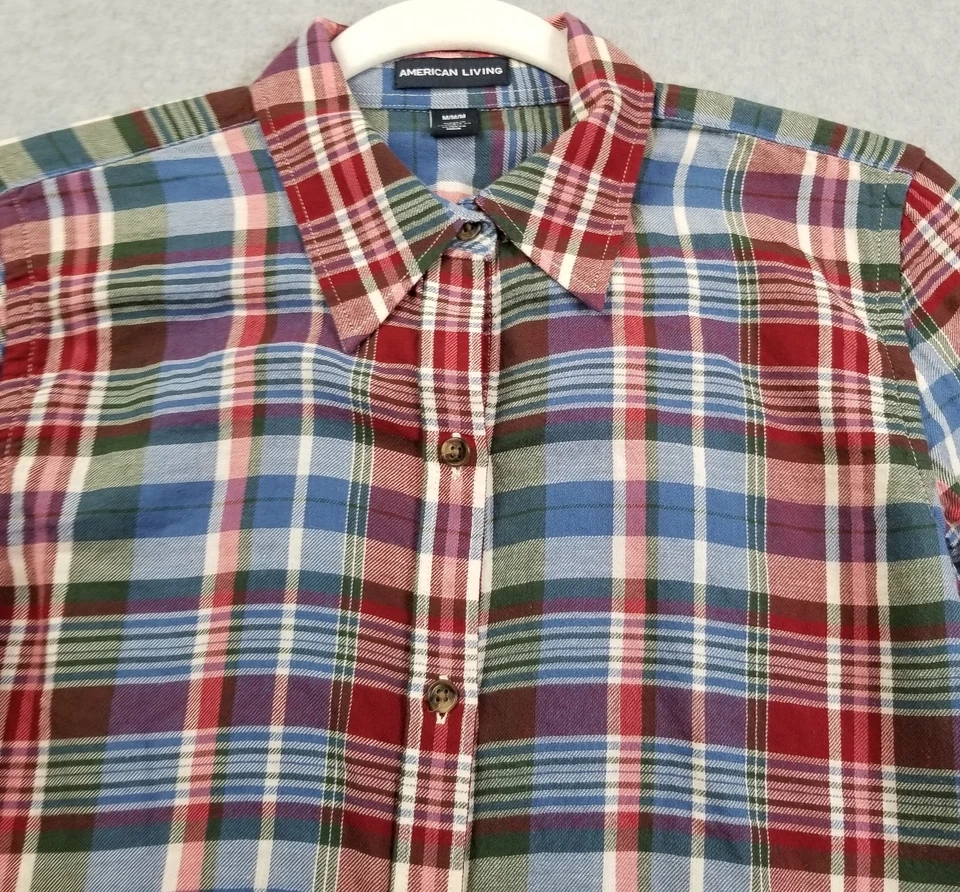 Camisa con botones American Living para mujer mediana M manga larga a cuadros algodón fino Foto 2 de 4