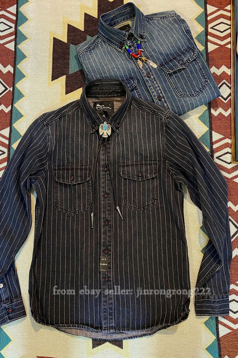 American VINTAGE Striped Denim Shirt Tooling Washed Old Long 