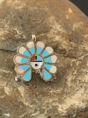 Turquoise, Mother Of Pearl, Spiny Sunface Zuni Sterling Silver Pin Pendant 01180