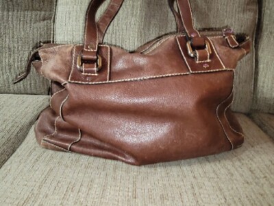 Distressed Brown Leather Fossil Tote Purse Bag With Key Charm Zip Top Closure 
