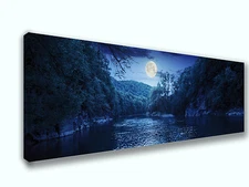 Blue Moon at Night Panoramic Picture Canvas Print Home Decor Wall Art