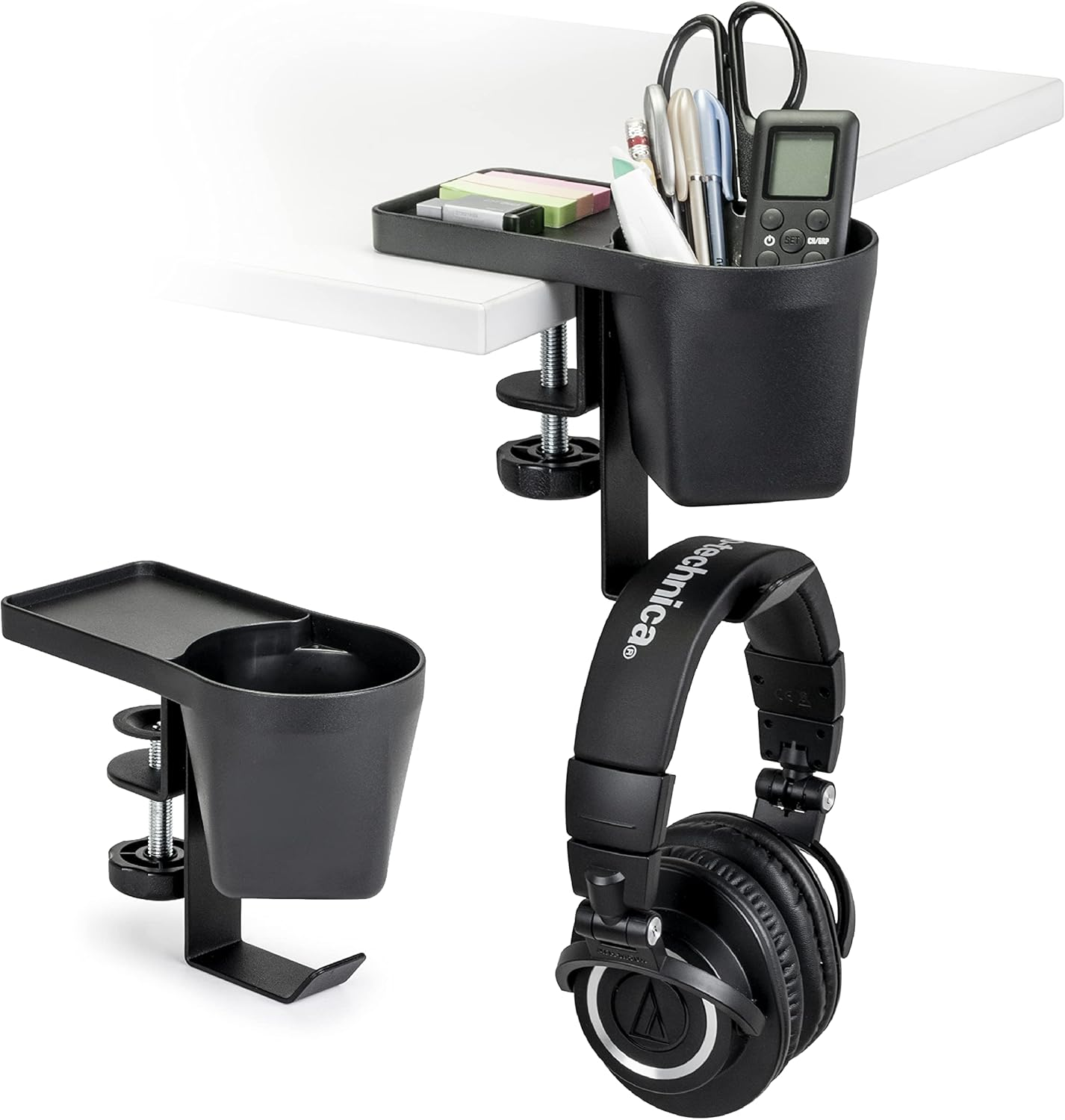 Clamp on Pen Cup Holder with Headphone Hanger, No Drill under Desk Headphone Hoo