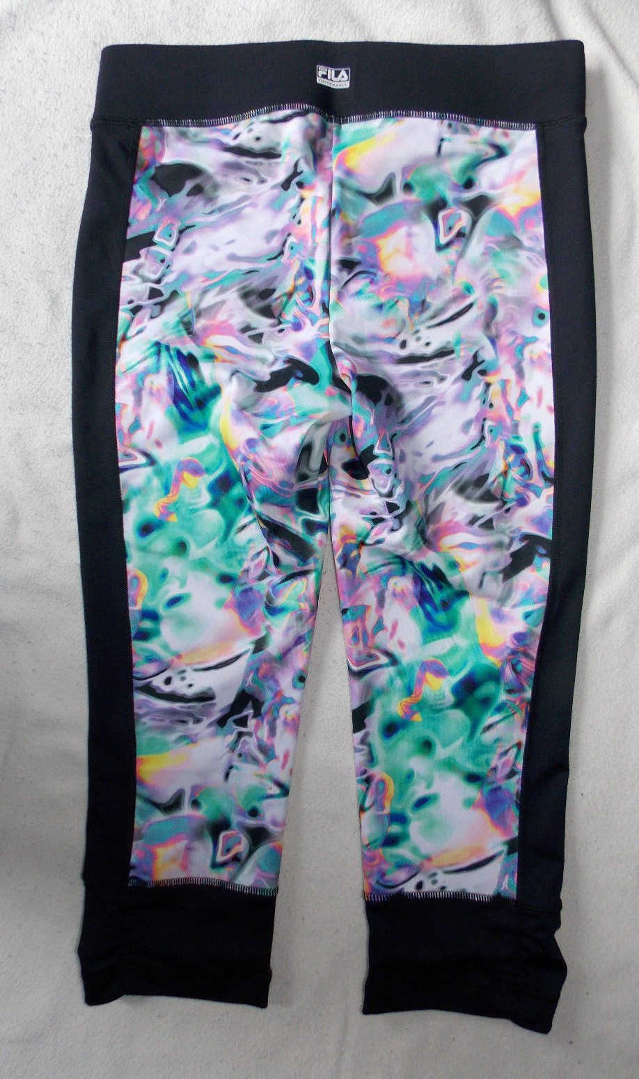 Leggings donna FILA SPORT colore nero e acqua orlo increspato attivi Capri yoga piccoli