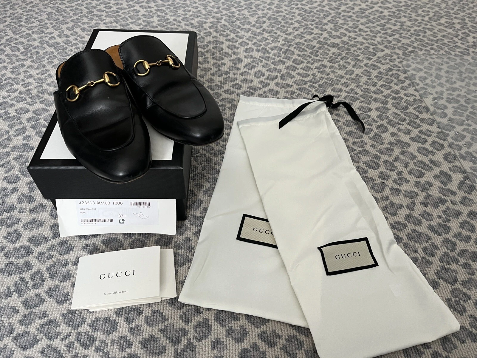 Chaussures Gucci Princetown cuir noir orteil rond mulets mocassin plat