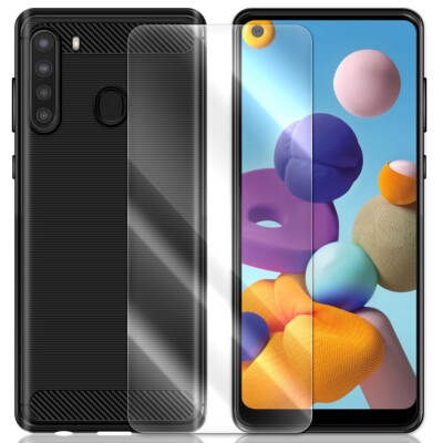 Screen Protector&Anti-Slip Carbon Fiber TPU Case for Samsung Galaxy A21 SM-A215U