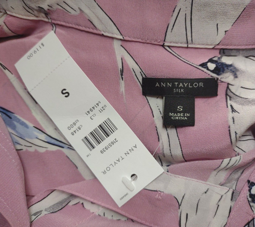 NWT Ann Taylor pink bird print 100% Silk button front shirt blouse ladies Small - Picture 8 of 9
