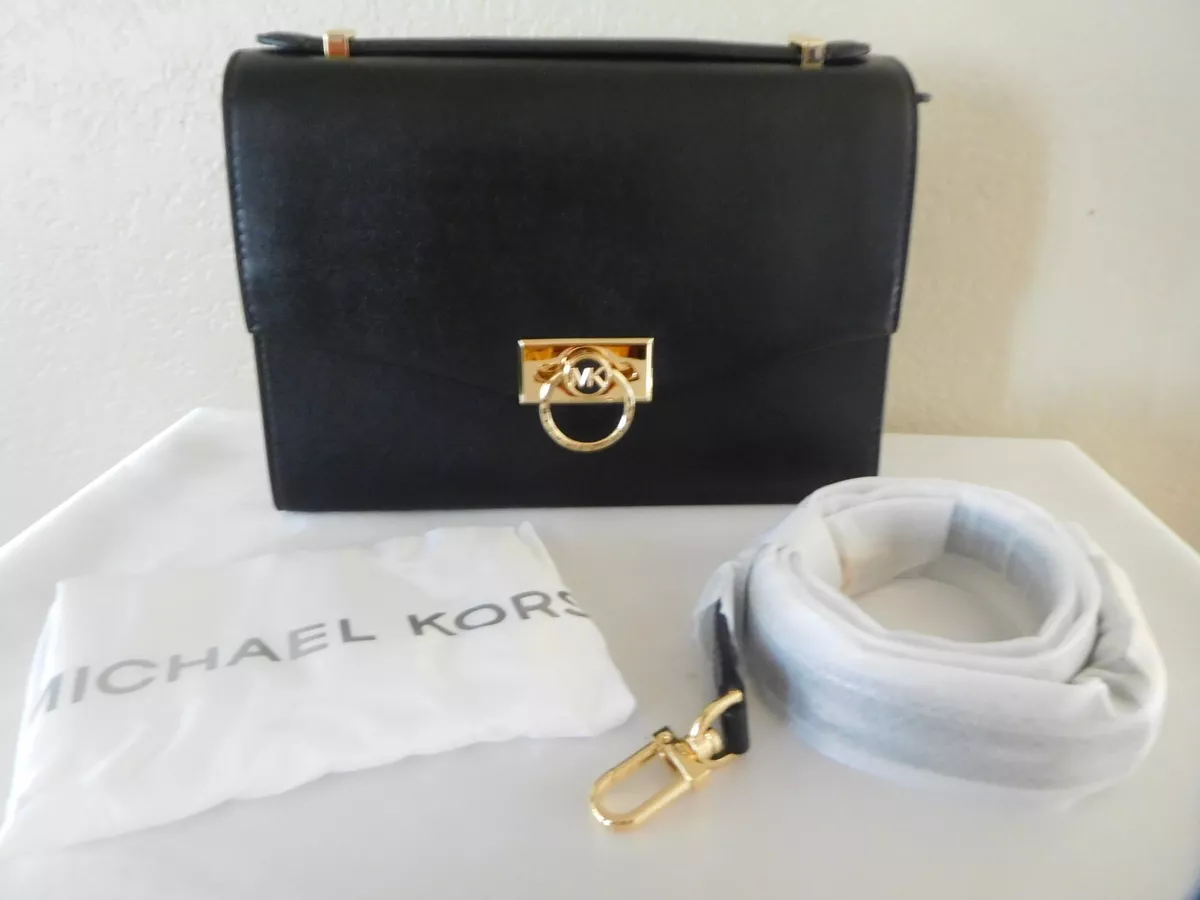 New Michael Kors Hendrix Medium Black Leather Messenger Top Handle Bag 428.00